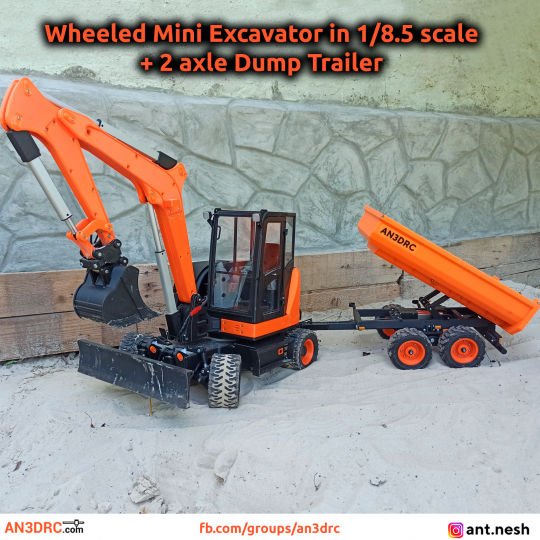 3D Printed RC Wheeled Mini Excavator + Trailer in 1/8.5 scale
