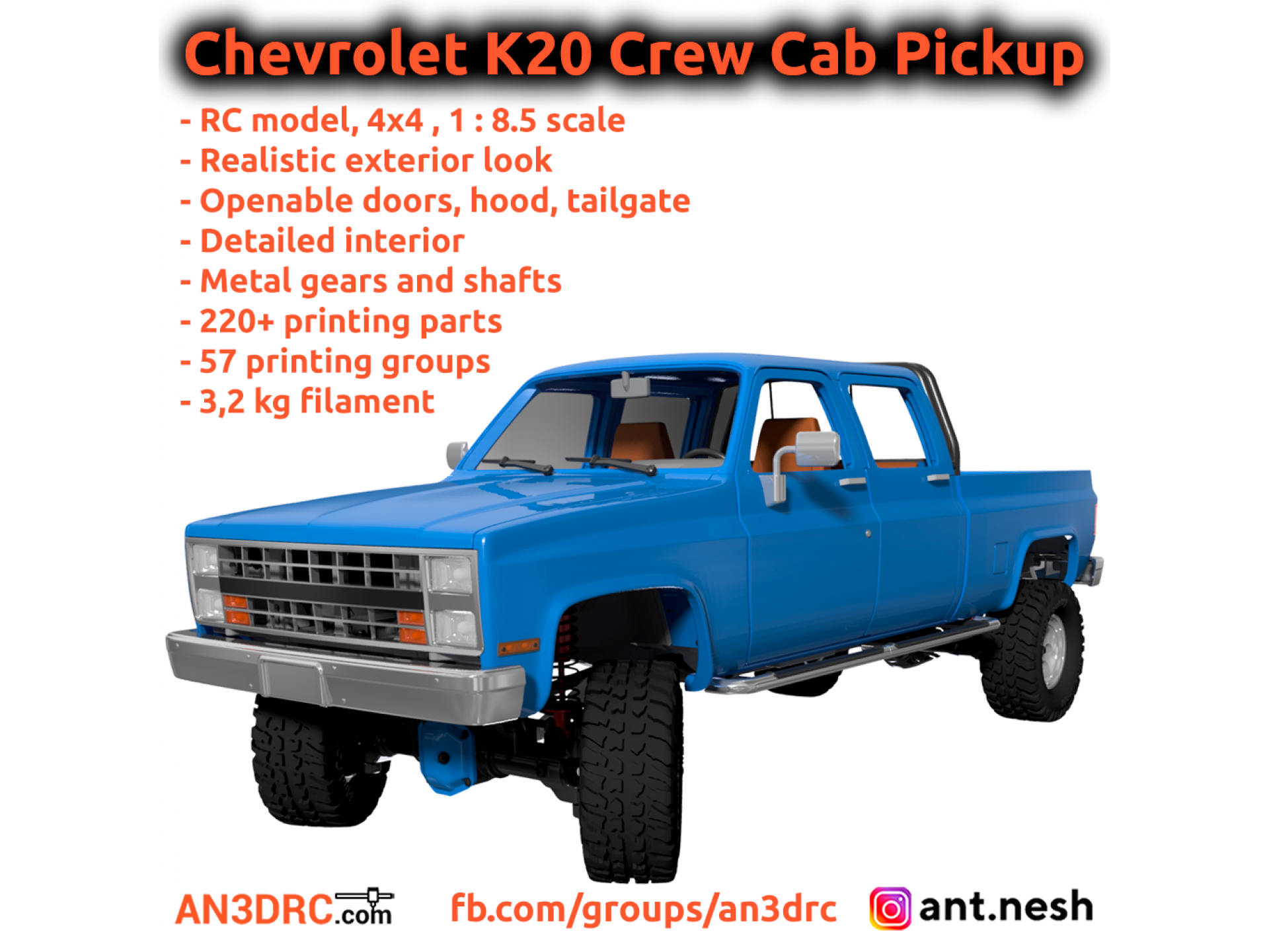 3D Printed RC Chevrolet K20 Crew Cab