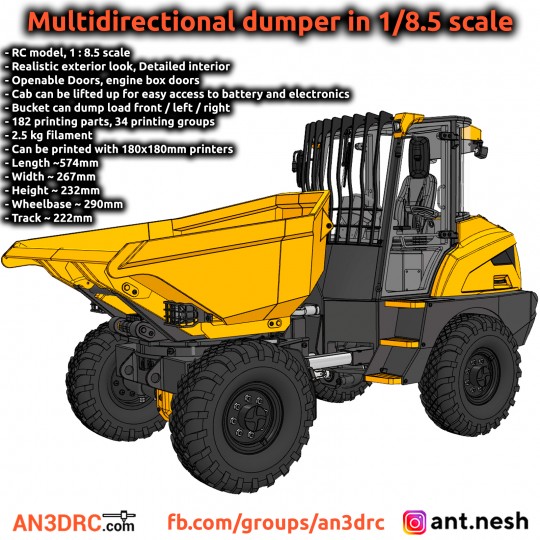 3D Printed RC Multidirectional dumper in 1/8.5 scale