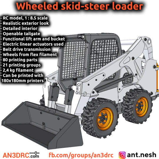 3D Printed RC Wheeled Skid Steer Loader in 1/8.5 scale